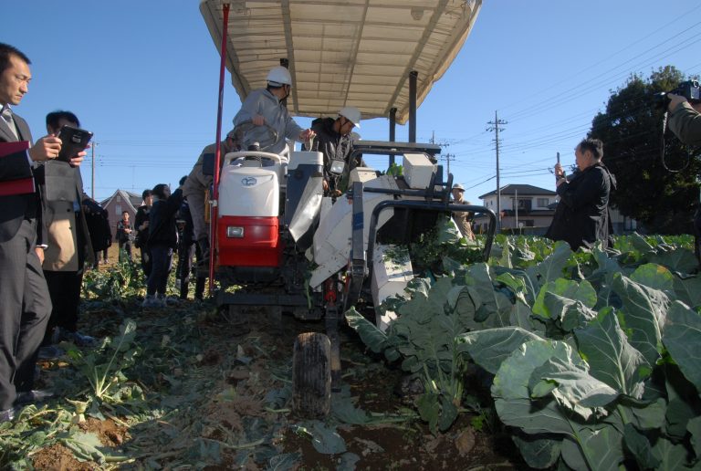 野菜流通カット協議会＝生産の効率化へ開発中の収穫機を初公開｜日本農民新聞社